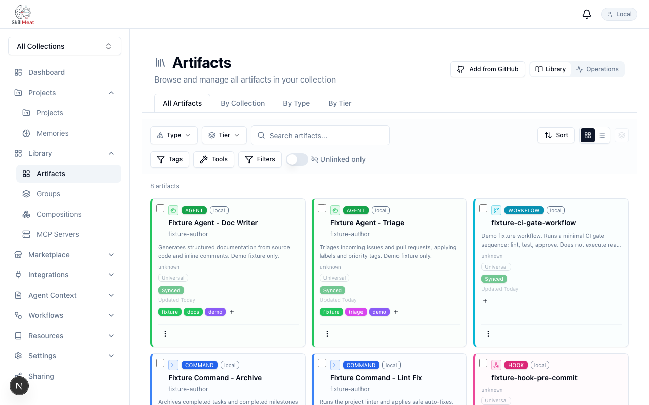 Artifacts page before import