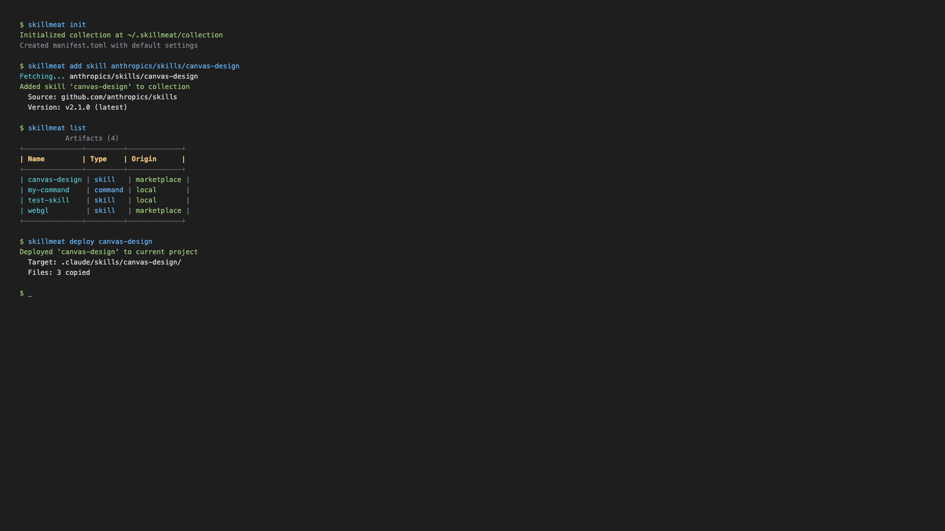 Terminal showing SkillMeat CLI commands with colored output
