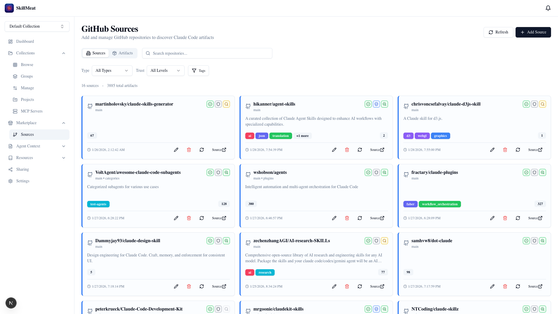 Marketplace sources page showing GitHub repositories with artifact counts